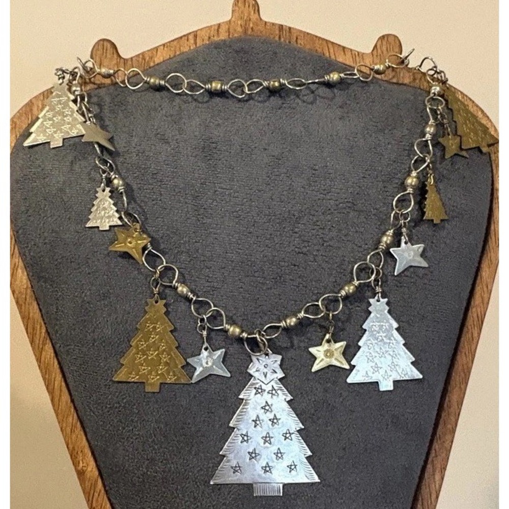 VTG Christmas Tree Star Celestial Mixed Metal Boho Charm Necklace 30" Long